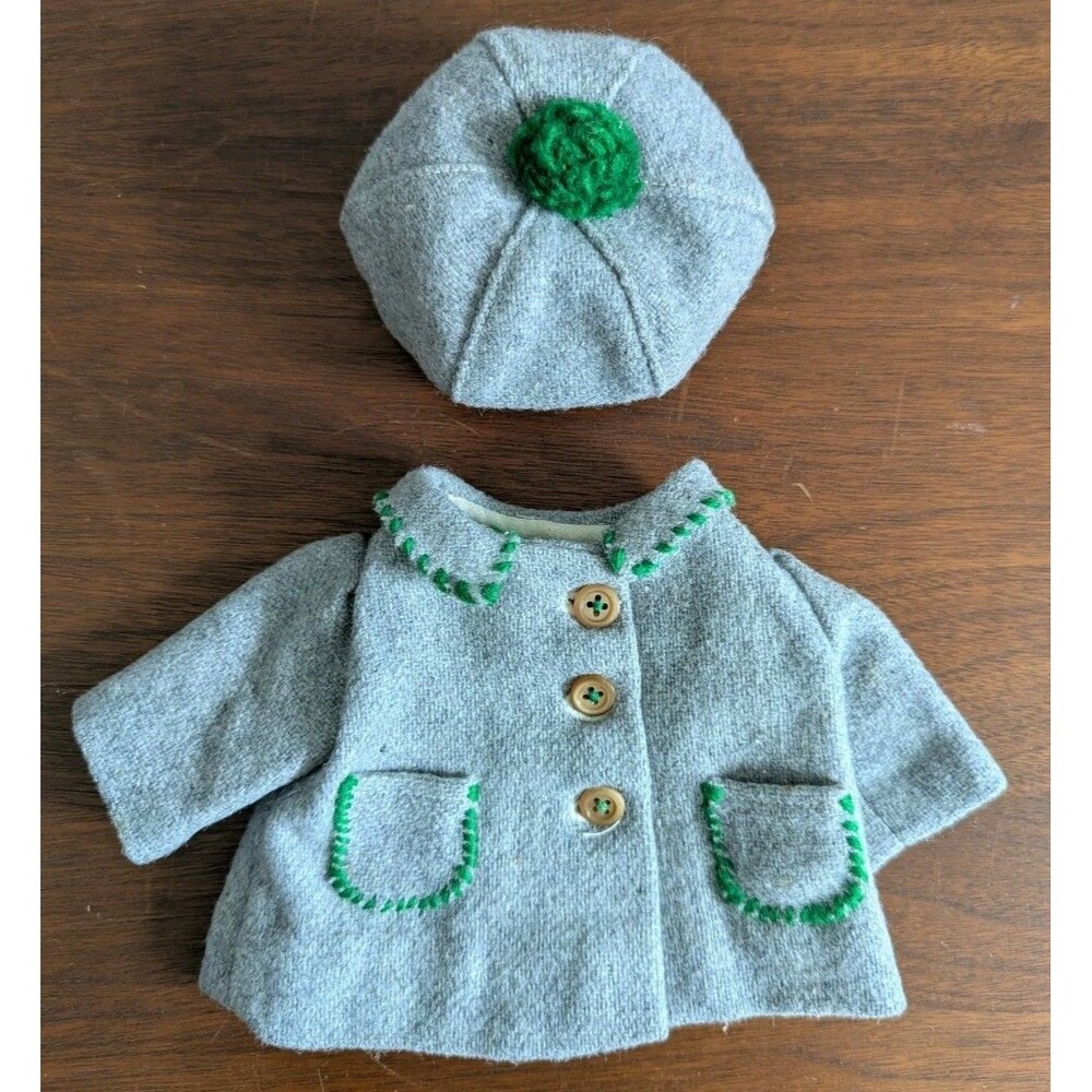 Vintage Handmade Wool Doll Coat And Matching Tam Hat Beret Gray German Folk 50s